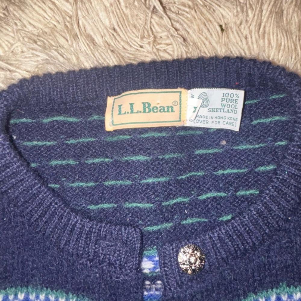 L.L. Bean Navy and Teal Patterned Button Cardigan - Picture 2 of 10